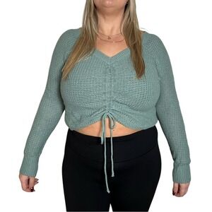 Full Circle Trends Waffle Knit Cropped Sweater Cinched Drawstring Boho Casual XL